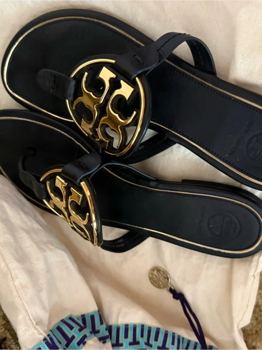 Tory Burch Black Leather Thong Sandals with Gold Double-T Medallions